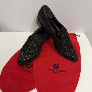 Vintage Charles Jourdan Suede Shoes Black & Gold Perforated Design 7 1/2 M